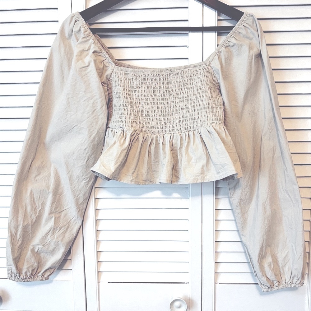 LA Hearts Pacsun 100% Cotton tan ruffle long sleeve babydoll smocked crop small